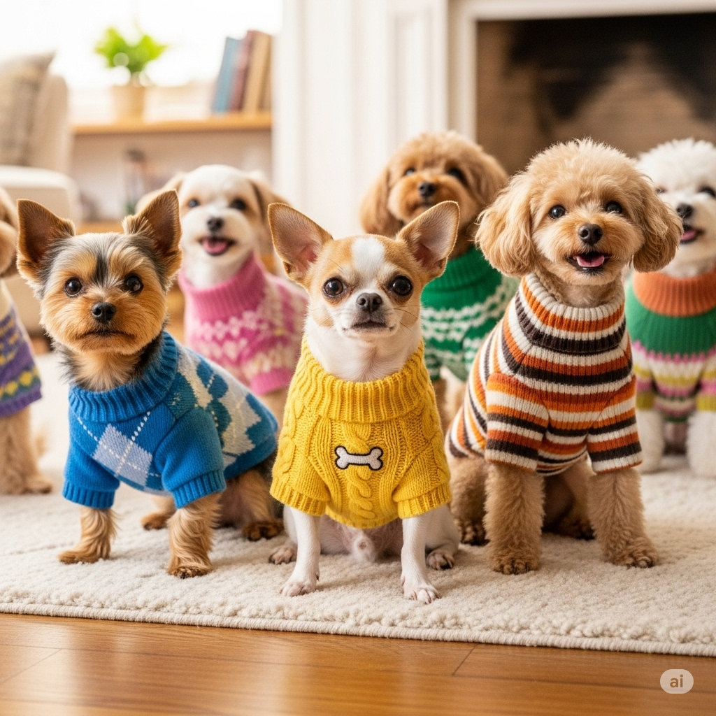 A group of small dogs of various breeds, including Chihuahuas, Yorkshire Terriers, and Miniature Poodles, happily wearing a stylish assortment of colorful and cozy dog sweaters, showcasing the best dog sweaters for small dogs.