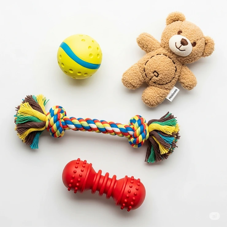 A vibrant flat lay of various small dog toys, including a miniature squeaky ball, a soft plush animal, a braided rope, and a durable rubber chew, all perfectly sized for tiny breeds.