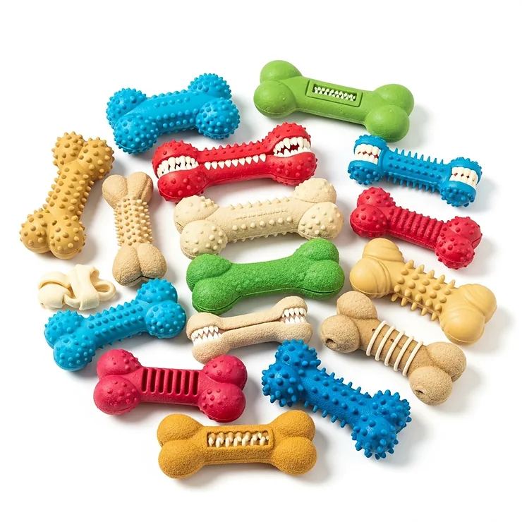 An assortment of textured dog bone toys designed to promote dental health and clean teeth.