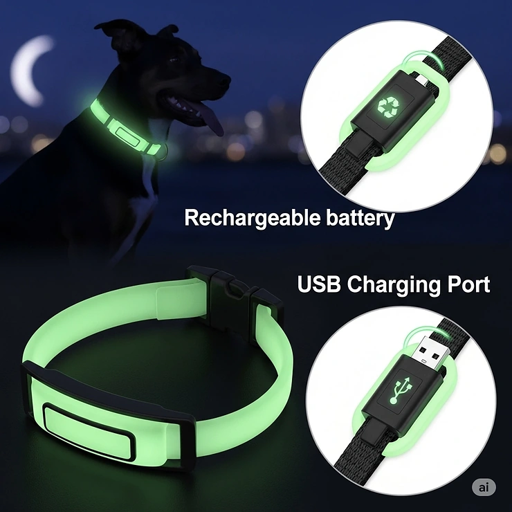 A detailed illustration highlighting the convenient USB charging port on a modern glow in the dark dog collar, emphasizing its eco-friendly and rechargeable design.