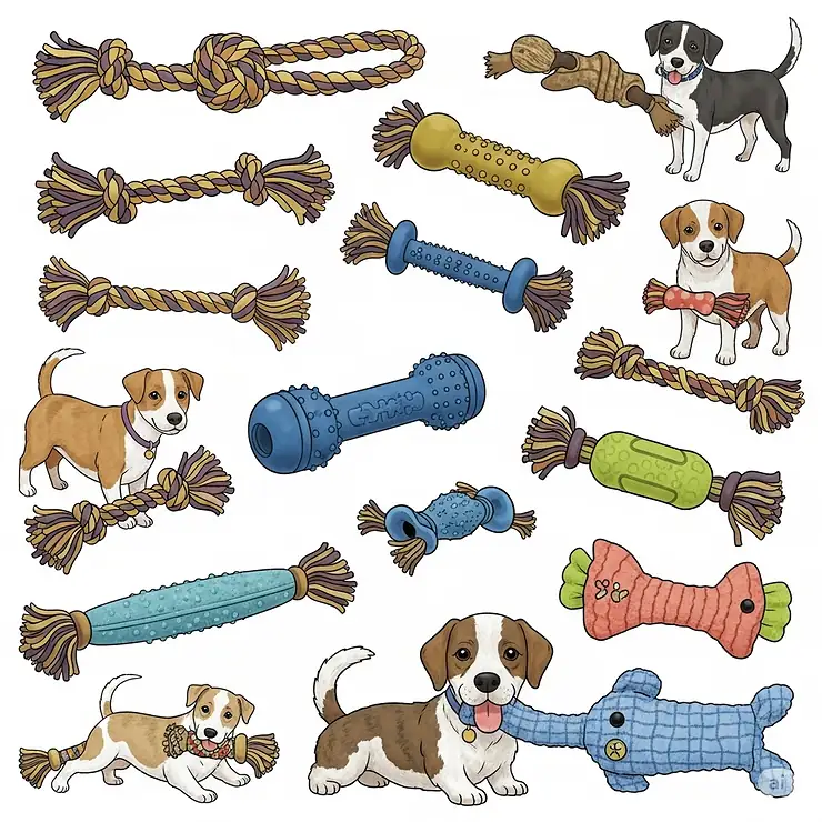 An illustration showcasing a variety of dog tug toy types, including rope, rubber, and fabric designs, suitable for different breeds and play styles.
