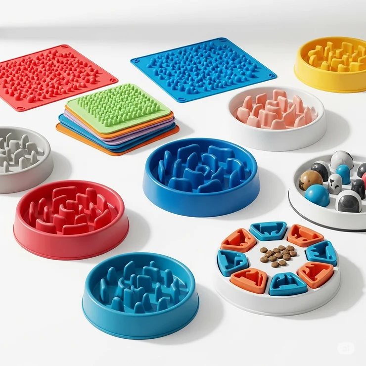 An array of various lick bowls for dogs, including silicone mats, slow feeder bowls, and puzzle feeders, showcasing different designs.