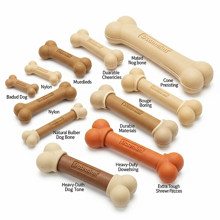 A collection of dog bone toys in small, medium, and large sizes, suitable for different breeds and chewing needs.