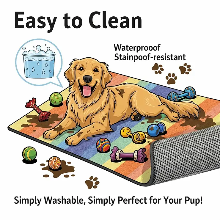 An illustration showcasing the easy-to-clean design of a washable dog rug, highlighting its durability and pet-friendly features.