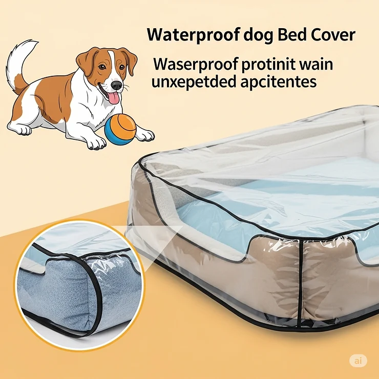 Graphic showing a waterproof dog bed cover effectively protecting the underlying bed from pet accidents and incontinence.