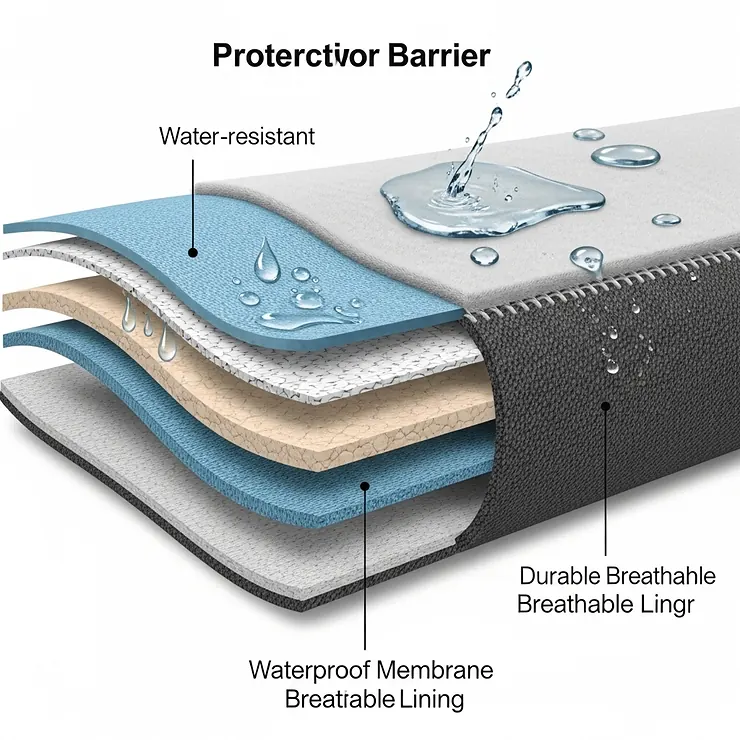 Cross-section illustration revealing the multi-layered fabric of a waterproof dog bed cover, highlighting the protective barrier.