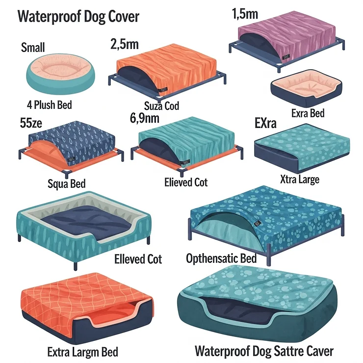 Illustration of various sizes of waterproof dog bed covers, from small to extra-large, to fit different dog beds.