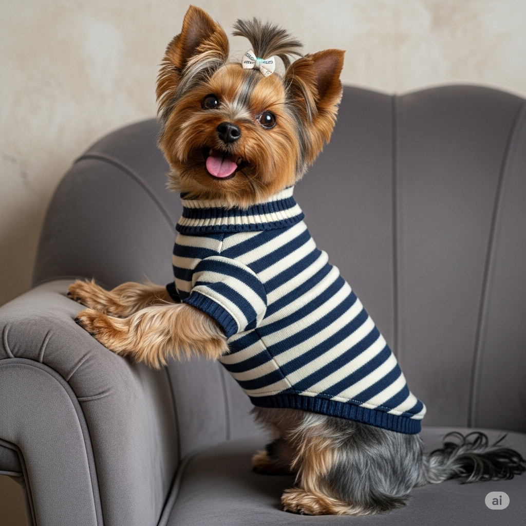 A playful Yorkshire Terrier proudly modeling a fashionable striped dog sweater, demonstrating how these sweaters enhance the look of small dogs.