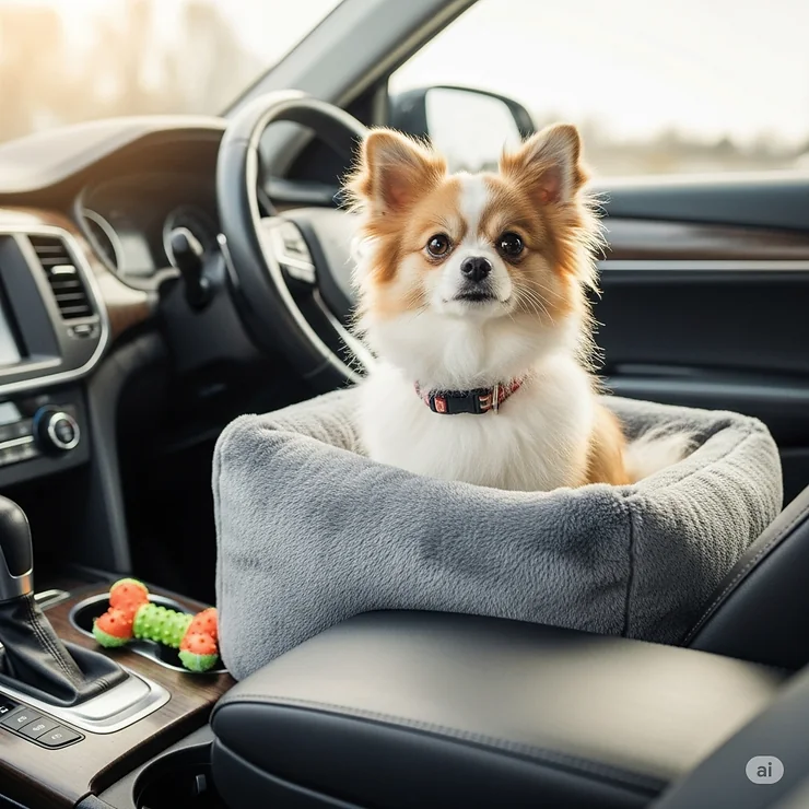 A small dog sits comfortably in a cozy, brown armrest dog car seat on the center console of a vehicle, looking out the window.