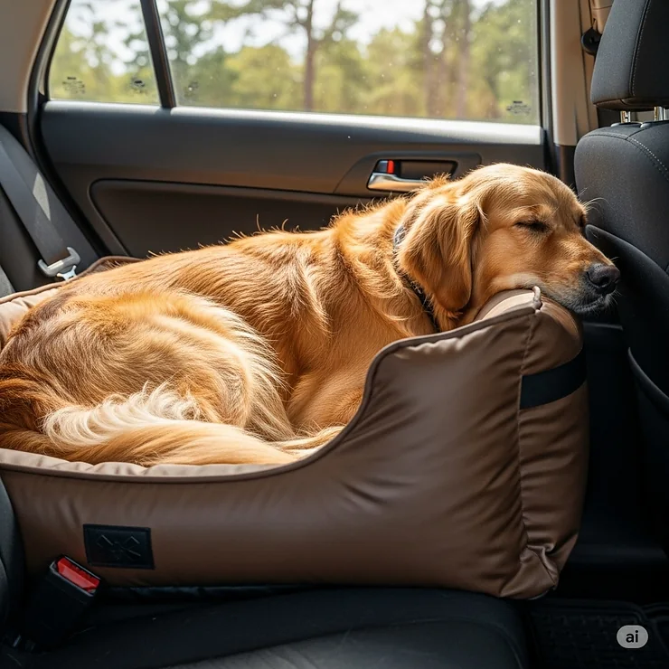 A golden retriever is comfortably curled up in a brown, waterproof back seat dog bed, looking happy and relaxed during a car ride. The bed is securely installed and covers the entire back seat of the car.
