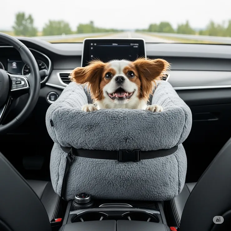A happy small dog is comfortably and safely secured in a plush, gray center console dog seat between the two front seats of a car. best center console dog seat