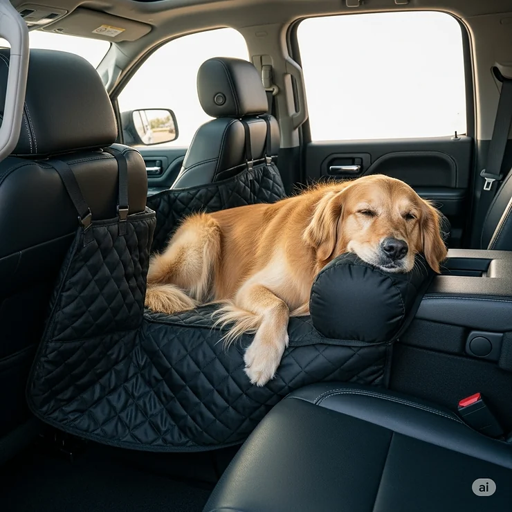 A golden retriever comfortably relaxing on the best dog hammock for a crew cab truck, securely attached to the front and back headrests. best dog hammock for crew cab truck