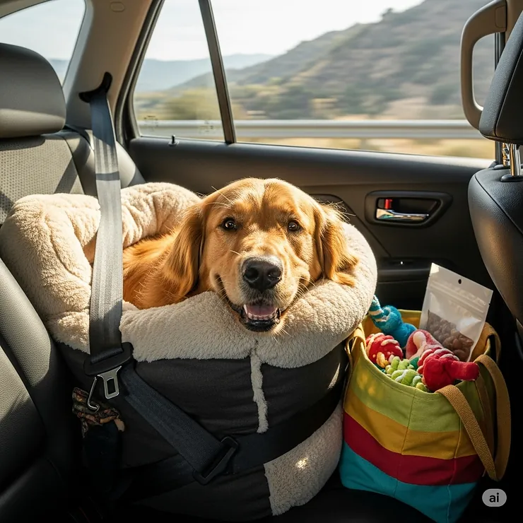 A large dog happily nestled in their extra large travel car seat on a road trip, with a bag of dog toys and treats beside it.