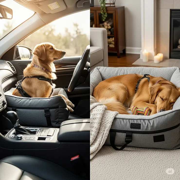 An image highlighting the dual functionality of a medium dog console car seat that can also be used as a comfortable dog bed outside of the car.
