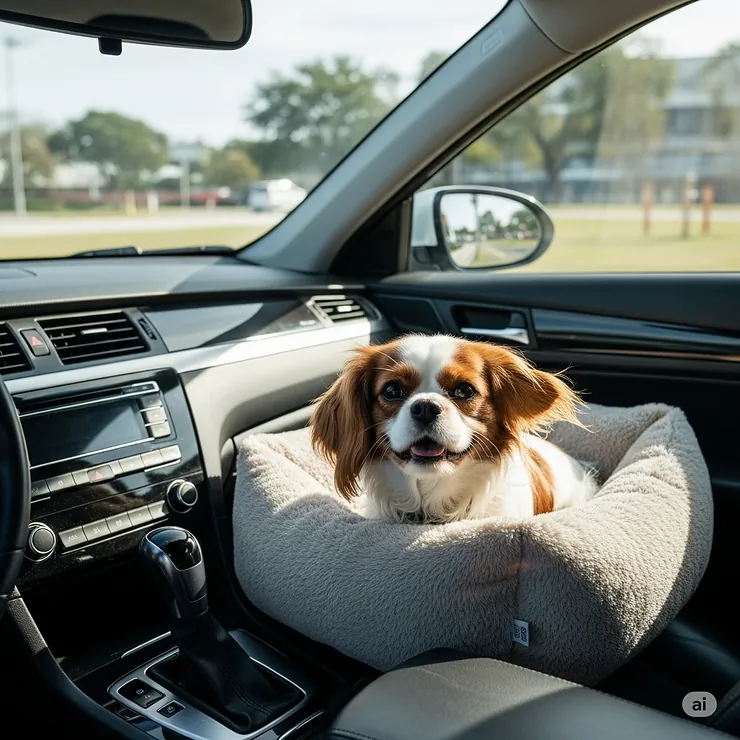 A small, happy dog rests comfortably in a soft center console dog bed, looking forward while the car is parked.