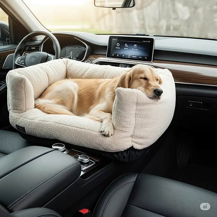 An extra large dog console car seat made with plush, soft materials for maximum comfort during long car rides.
