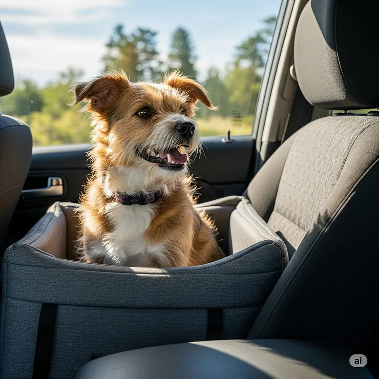 A fluffy terrier mix happily sitting in a gray console car seat for small dogs, looking out the window.