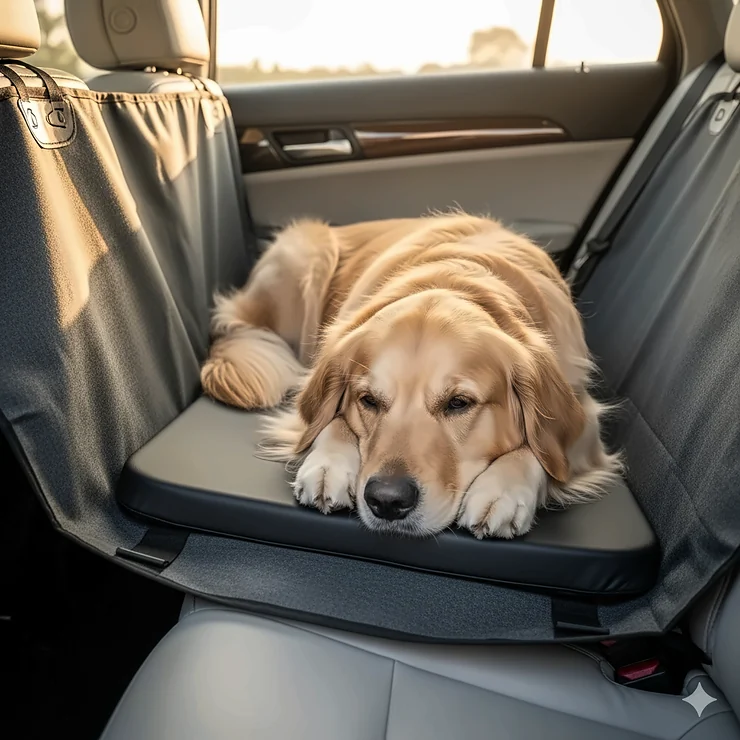 A golden retriever relaxing comfortably on a durable dog back seat cover with a hard, sturdy bottom, keeping the car's upholstery clean. dog back seat cover hard bottom