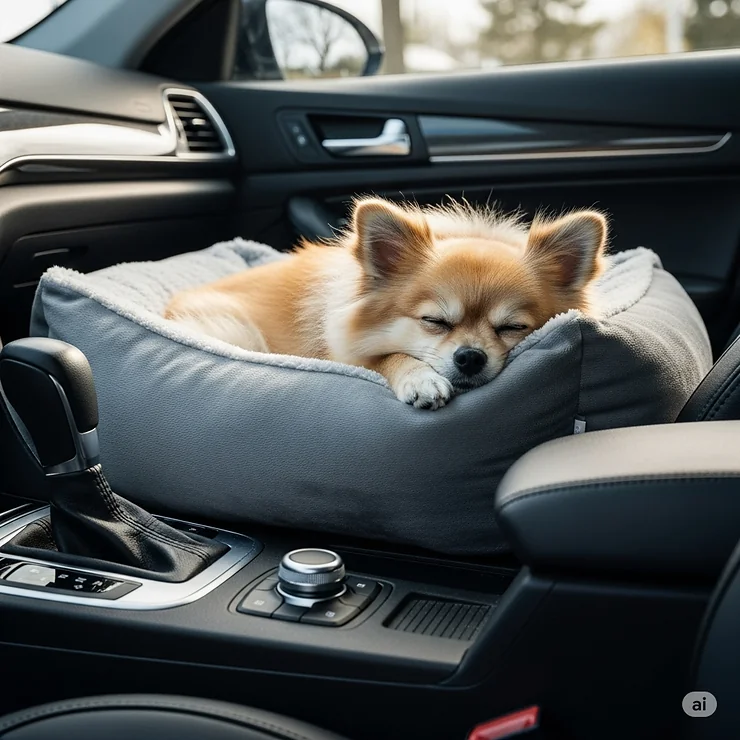 A small, fluffy dog sleeps peacefully in a cozy dog bed for a car console, nestled securely between the front seats of a vehicle.