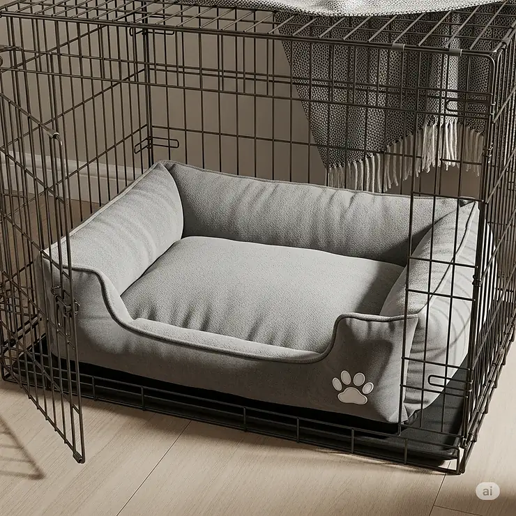 A cozy, cushioned dog bed perfectly sized to fit inside a standard kennel, providing comfort and support for a dog.