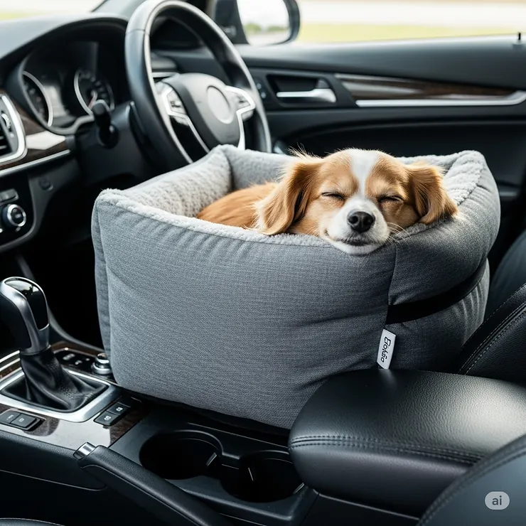 A small dog sleeping soundly in a comfortable, gray car seat placed on the center console, showing how it provides a secure and elevated spot for small pets during travel.