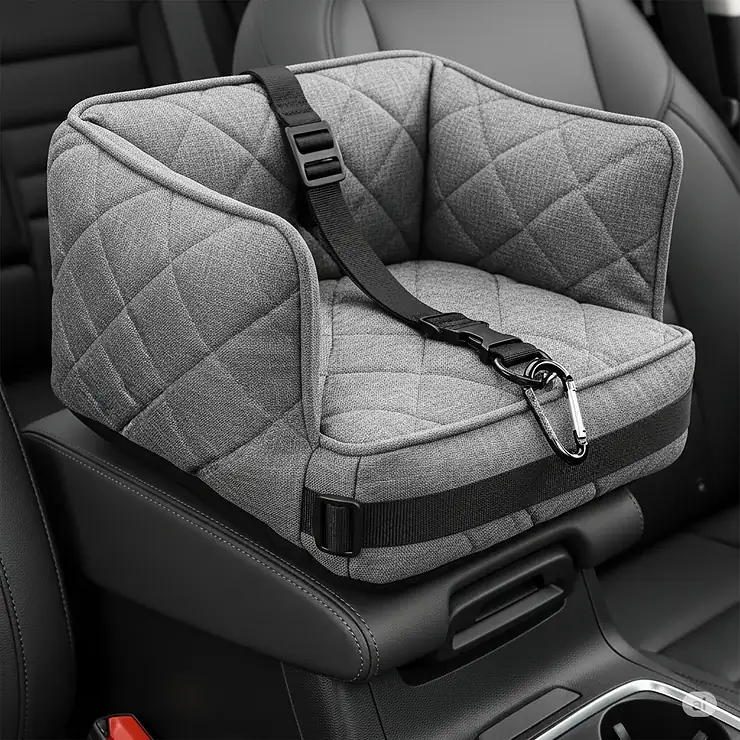 A close-up view of a dog car seat designed to fit securely on a vehicle's middle console.