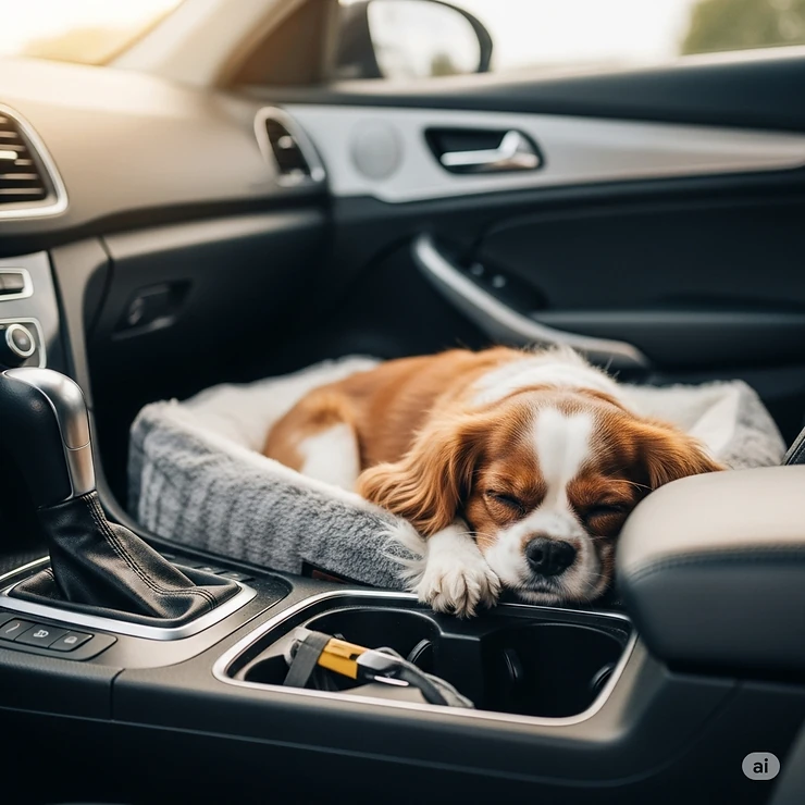 A small dog curled up and sleeping peacefully in a comfortable middle console car seat.