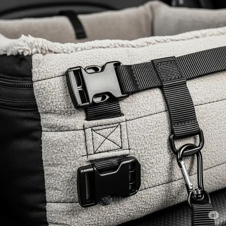Close-up of an extra large dog booster seat's features, including a plush, removable cover, durable buckles, and a tether strap.