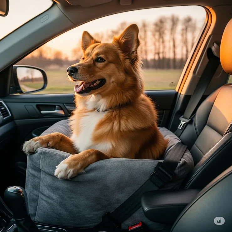 A fluffy dog looking out a car window while sitting happily in a middle console pet seat.