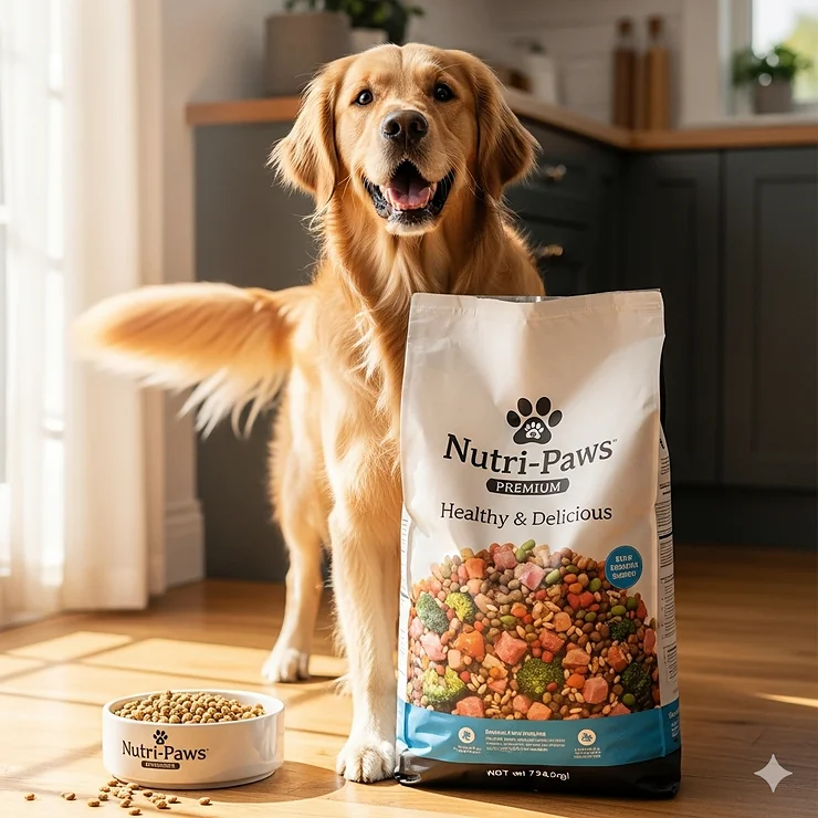 A cute golden retriever stands next to a large bag of healthy, high-quality dog food, looking happy and well-fed.