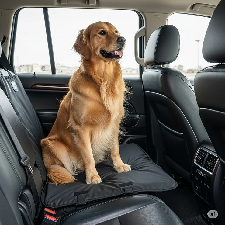 A golden retriever sits comfortably on a black, waterproof hard bottom dog car seat cover in the back seat of an SUV, with a seatbelt harness securely attached.