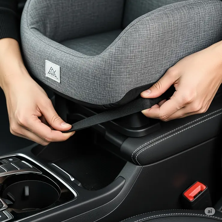 A person demonstrating how to easily install a dog seat onto the middle console between the two front seats.
