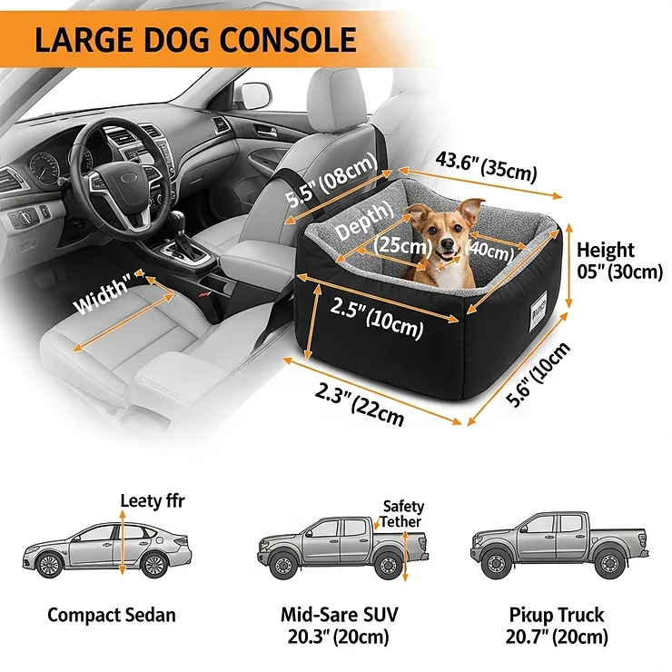 A diagram illustrating the dimensions and size of a large dog console car seat, showing its fit in various vehicle types.
