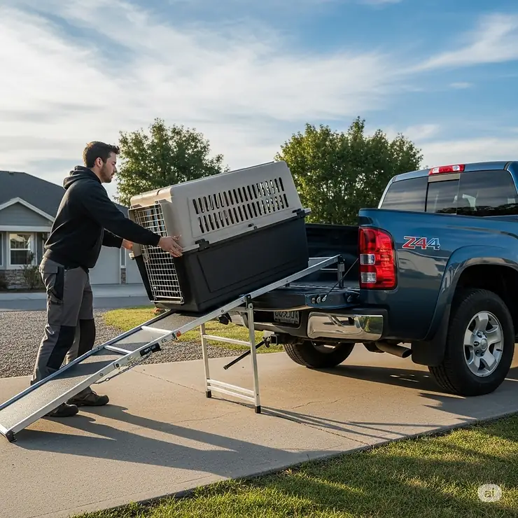 A person using a loading ramp to safely and easily place a large dog kennel into the back of a pickup truck.