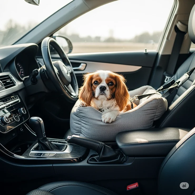 A small dog comfortably and safely riding in a middle console dog seat in a car.