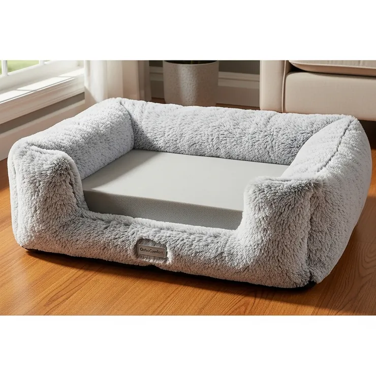 A close-up of an orthopedic memory foam dog bed, ideal for senior dogs and puppies with joint pain. dog beds and crates
