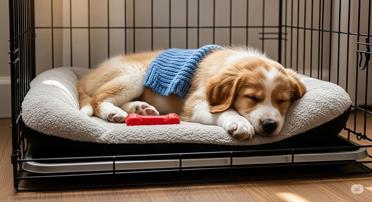 A cute puppy comfortably sleeping on a soft, washable bed inside a wire crate, with a small blanket and chew toy.