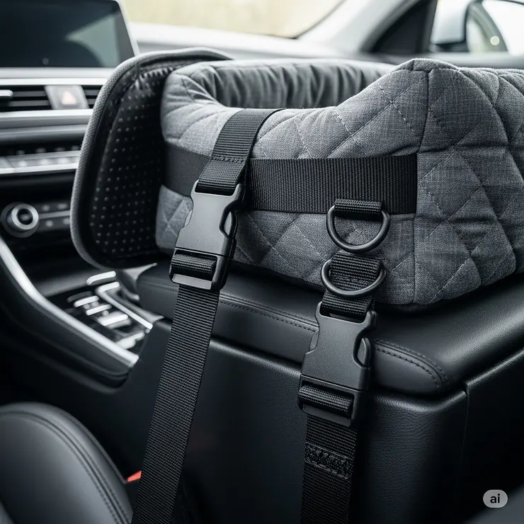 A picture showing the secure straps and fasteners that keep a middle console dog seat firmly in place during a drive.