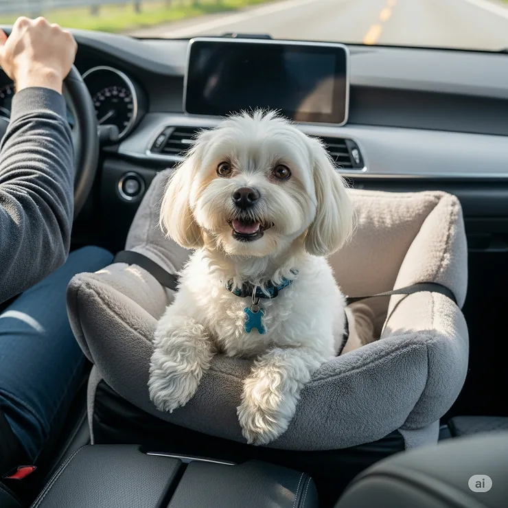 A small dog perched in a middle console dog seat, looking at its owner in the driver's seat.