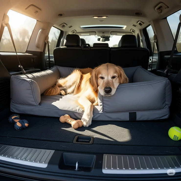 A golden retriever relaxing comfortably on a durable, gray SUV dog bed in the back of a large SUV.