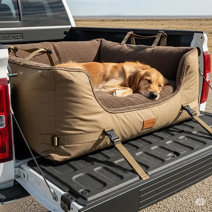 A durable, comfortable dog bed perfectly sized to fit securely in the back of a pickup truck bed, providing a safe travel space for your pet.