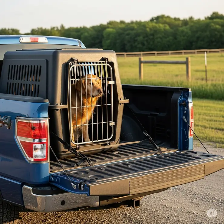 A durable dog kennel with ventilation, securely placed in the back of a truck bed, ready for travel.
