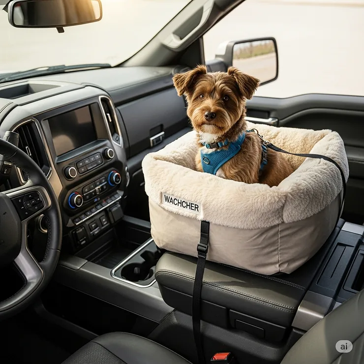 A small dog rests comfortably in a soft, padded truck console dog seat, securely attached between the two front seats of a pickup truck.