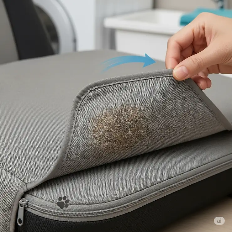 A removable, washable cover from a large dog car seat, highlighting its ease of cleaning.