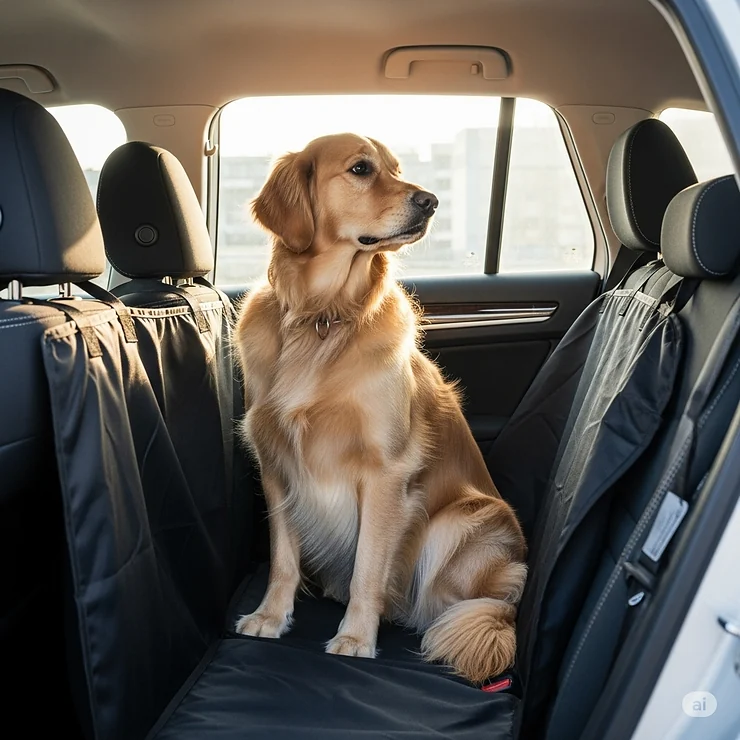 A golden retriever comfortably and safely sitting on a waterproof dog car hammock in the back seat of a car, keeping the upholstery clean. waterproof dog hammock for car